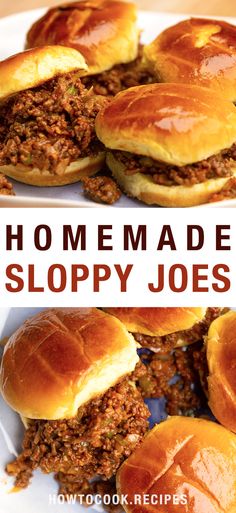 homemade sloppy joes on a white plate with text overlay