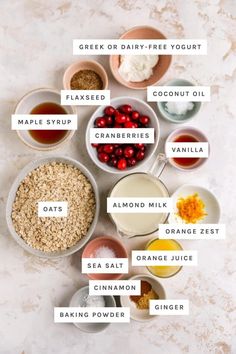 the ingredients to make cranberry oatmeal are shown in bowls