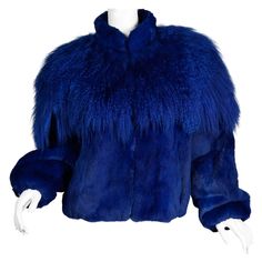 Vintage 1980s dyed cobalt blue fur bomber jacket in sheared rabbit and Mongolian lamb by Élan from the estate of Pamela Lewis (Jerry Lewis/ Gary Lewis). Fully lined with front zip closure. Elastic sleeve cuffs and waistband. The marked size is medium, but this fits like a modern size medium-large. The bust measures 44", shoulders up to 20", sleeve length 25", and total length 25". Excellent preowned vintage condition with no noted flaws. Please keep in mind that this is a used item and that all Cute Leather Jackets, Fairytale Land, Rabbit Fur Jacket, Fur Coat Fashion, Mongolian Lamb, Rabbit Fur Coat, Fur Jackets, Jerry Lewis, Project Board