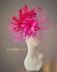 Oversized fascinator with a flourish of dazzling feathers on waves of crinoline.   This burst of vibrant colors is elegant and beautiful from every angle and will have all eyes on you on your special day. I CAN CREATE THIS in most any color; this listing is for the hot pink. Please inquire, and we look forward to working with you!   Perfect for the bride, or for your next gala/special event.   Easy-to-wear headband fascinator makes a statement and can be worn to a myriad of events: Royal Ascot, Pink Feathered Fascinator For Races, Pink Ostrich Feather Fascinator For Royal Ascot, Pink Feather Trim Headpiece For Kentucky Derby, Pink Feathered Fascinator For Kentucky Derby, Pink Feathered Fascinator For Evening, Pink Ostrich Feather Fascinator, Pink Feather Trim Costume Hats For Royal Ascot, Pink Feather-trimmed Costume Hats For Royal Ascot, Pink Feathered Headpiece For Races