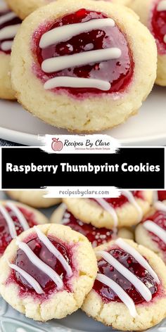 raspberry thumbprint cookies with white icing on top and in the middle