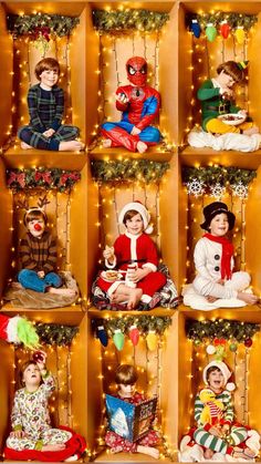 an assortment of christmas ornaments on display in a wooden box with lights and decorations around them