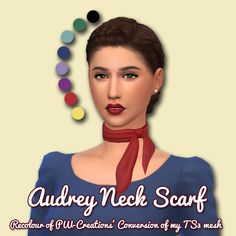 a woman with a red scarf around her neck and the words, audrey neck scarf