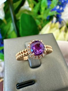 TOP quality unheated purple sapphire ring * Vivid Purple colour * Excellent transparency * Excellent cutting  * 1.03 carats * Hand set by our own jeweller with 18K yellow gold and excellent quality diamond * Ring size L 1/2; Free resize * Free internationally recognised appraisal report prepared by leading New Zealand gem laboratory upon request. Please allow extra three working days to process if you request an appraisal report. Purple Sapphire Ring, Saphir Ring, Purple Colour, Purple Sapphire, Quality Diamonds, Rings Statement, Purple Color, Sapphire Ring, Statement Rings