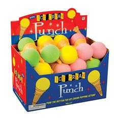 a box filled with lots of different colored balls