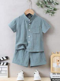 Dusty Blue Casual Collar Short Sleeve  Plain  Embellished Slight Stretch  Toddler Boys Clothing Kids Pants Pattern, Boys Clothes Patterns, Luxury Baby Clothes, Kids Dress Boys, Baby Boy Dress, Baby Clothes Patterns, Cotton Dress Summer