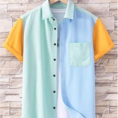 Men’s Colorblock Short Sleeve Button Down Shirt,Never Worn,Shirt Only,Tshirt Not Included Collar Shirt Men, Half Shirts, Summer Outfits Men, Pocket Shirt, Collar Blouse, Random Color, Shorts With Pockets, Colorful Fashion, Summer Shirts