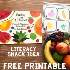 a bowl of fruit next to an activity book with the words, library snack idea free printable