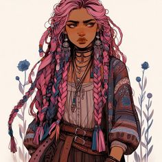 a drawing of a woman with pink hair and braids