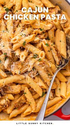 a skillet filled with pasta and chicken parmesan