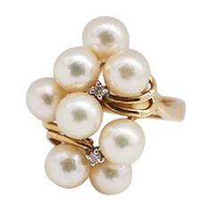 AAA Pearl Cluster with Diamond Ring 14 Karat Yellow Gold | From a unique collection of vintage Cluster Rings at https://www.1stdibs.com/jewelry/rings/cluster-rings/. Vintage Cluster Ring, Cluster Rings, Pearl Cluster, Pearl Set, Diamond Cluster Ring, Diamond Set, Color Ring, Cluster Ring, Cultured Pearls