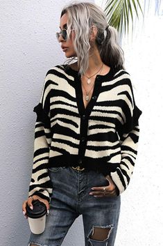 Looking for the newest fashion trends at a great price? Check out this Striped Button-Down Round Neck Drop Shoulder Cardigan from Trendsi. See this and many other great apparel and accessory items at https://www.flyclothing.com/products/striped-button-down-round-neck-drop-shoulder-cardigan. #ootd #fashion #apparel #flyclothing #trendsi #womens #jewelry Short Coats Women, Shoulder Cardigan, Drop Shoulder Cardigan, Knitting Women Cardigan, Zebra Pattern, Legging Sport, Patterned Cardigans, Cardigan Sweater Jacket, Cardigan Top