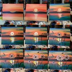 many paintings are displayed on easels in front of each other with the sun setting behind them