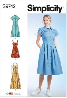 a women's dress with short sleeves and buttons on the front, in three different styles