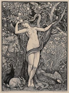 a nude woman standing next to a snake on a tree in a forest with other animals