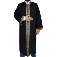 Elegant Prayer Jubba, lightweight and traditional looking will be a great use for Ramadan, Eids, Mawleed, Graduations, Wedding, Engagement or Daily Prayers- Ibrahim Jubbah -◦ Color: Black◦ Style: Bordered◦ Material: Cotton&PolyesterA gorgeous jubbah that will bring you to the forefront with the special bordered embroidery details.A perfect jubbah model for muslim mens who cares about their appearance and have a great taste and style.✤ Features ✤• Dominant collar• Half lined jubbah • Traditio Traditional Black Agbada For Ceremonies, Black Kaftan With Traditional Patterns For Eid, Black Ceremonial Kaftan For Eid, Traditional Black Agbada With Dabka Detailing, Traditional Black Agbada With Dabka, Black Thobe For Eid And Traditional Ceremonies, Traditional Black Embroidered Thobe, Traditional Black Kaftan For Ceremonies, Black Kaftan For Eid And Traditional Ceremonies