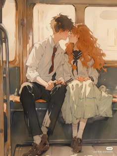 a painting of two people sitting on a subway car, one is kissing the other