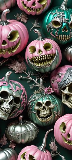 there are many halloween pumpkins with skulls on them