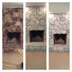 three different views of a stone fireplace