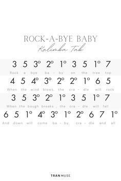 Rock-a-Bye Baby - Kalimba Tabs Dulcimer Tablature, Marimba Music, Piano Songs Chords, When The Bough Breaks, Piano Worksheets