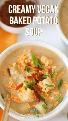 creamy vegan baked potato soup in a white bowl