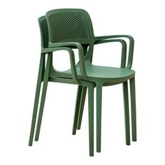 a green plastic chair sitting on top of a white floor