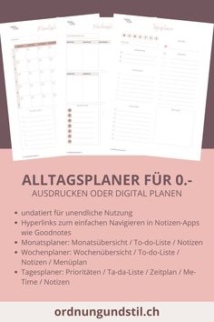 a pink and white poster with the words, alltagsplaner fur 0