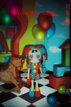 a cartoon character standing in front of some balloons