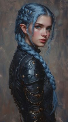 a painting of a woman with blue hair wearing armor and braids on her head