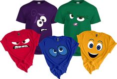 four t - shirts with different colored faces on them, one has eyes and the other has