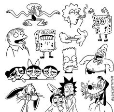 cartoon characters drawn in black and white