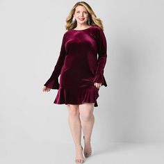 From the Johnny Wujek for JCPenney limited-time collection, this junior's plus mini dress features an oversized satin bow at the back, and is designed to accentuate your figure. It's made from a luxe plush velvet and has a crew neckline, long sleeves, flared cuffs, and a ruffled hem. It looks chic paired with stilettos and a statement clutch.us Features: Cut OutsClosure Type: Pullover HeadNeckline: Crew NeckSleeve Length: Long SleeveSleeve Style: Fitted SleeveApparel Length: 35 Inches - Front, 3 Plus Size Fashion Ideas, Statement Clutch, Long Sleeve Sheath Dress, Sheath Dresses, Womens Sheath Dress, Dress Purple, Looks Chic, Satin Bow, Dress Cuts