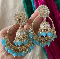 Light / Sky Blue Jhumka Bali Lightweight and sensitivity safe! Blue Jhumkas For Festive Occasions, Blue Jhumkas With Latkans For Diwali, Diwali Blue Jhumkas With Latkans, Blue Earrings For Diwali, Blue Chandbali Jhumkas With Latkans, Blue Jhumkas With Latkans For Festivals, Blue Jhumkas With Latkans For Celebration, Blue Latkans Jhumkas For Celebration, Blue Jhumkas For Festivals And Celebrations