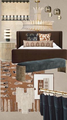 a collage of furniture and decor items in shades of brown, blue, beige and gold