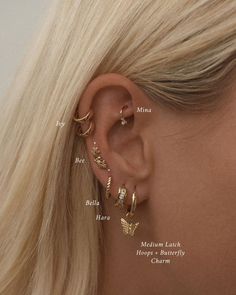 Why Your Ear Piercing's Hole Placement Matters Rowan atelieryuwa.ciao.jp Full Earing Piercings, Minimalist Ear Piercings Ideas Both Ears, 3 Holes Ear Piercing, Silver Ear Piercing Stack, Piercing Stacking, Piercing Sets, Piercing Stack, Stacked Lobe, Piercings Silver