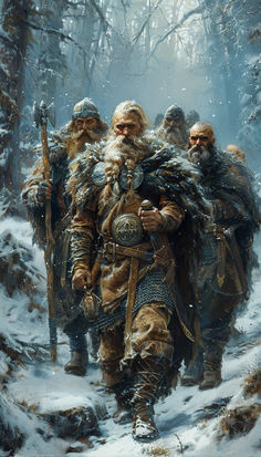 Vikings in the Snowy Forest returning from Battle Viking Core, Fantasy Viking Art, Nordic Viking Aesthetic, Viking Illustration, Viking Fantasy Art, Vikings Aesthetic, Viking Village, Warriors Illustration