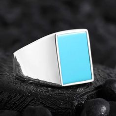 Classic Turquoise Signet Ring As Gift, Classic Blue Turquoise Ring Stamped 925, Rectangular Blue Signet Ring As A Gift, Blue Rectangular Signet Ring As Gift, Rectangular Blue Signet Ring For Gifts, Rectangular Blue Signet Ring Gift, Blue Rectangular Signet Ring For Gift, Classic Blue Turquoise Sterling Silver Ring, Modern Silver Turquoise Ring For Anniversary