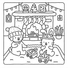 a black and white drawing of a christmas scene with two bears in front of a fireplace