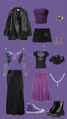 an assortment of clothes and accessories are arranged on a purple background