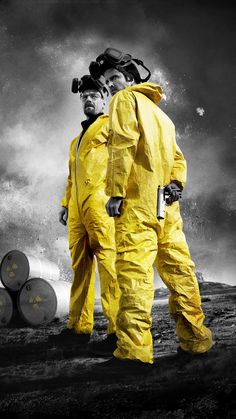 two men in yellow suits standing next to each other with the words breaking bad on them