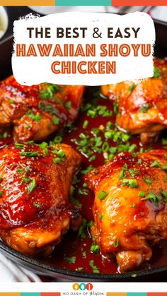 the best and easy hawaiian showu chicken in a skillet with text overlay