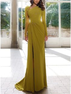 Sheath / Column Evening Gown Elegant Dress Formal Christmas Red Green Dress Sweep / Brush Train Long Sleeve Scoop Neck Stretch Chiffon with Pleats Ruched Sequin Yellow Prom Dress, Red Green Dress, Yellow Prom, Prom Dresses Yellow, Dresses Formal Elegant, Evening Gowns Elegant, Custom Dresses, Elegant Dress, Nasa