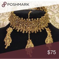 Indian Jewelry Set Necklace , headpiece, and earrings Jewelry Elegant Party Jewelry Sets With Bling, Glamorous Festive Jewelry For Formal Occasions, Gold Jeweled Bridal Necklace For Party, Bling Metal Jewelry Sets For Wedding, Glamorous Metal Jewelry Sets For Formal Occasions, Glamorous Gold Jewelry Sets For Evening, Glamorous Bridal Necklace For Festive Formal Occasions, Glamorous Bridal Necklace For Formal Festive Occasions, Glamorous Festive Jewelry