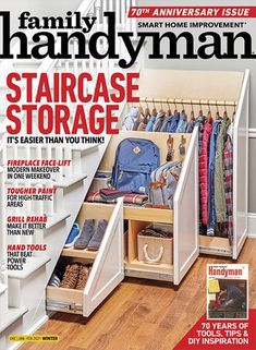 the cover of family handyman magazine features an open storage compartment with clothes in it