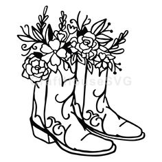 cowboy boots with flowers in them coloring page for kids and adults, free printable