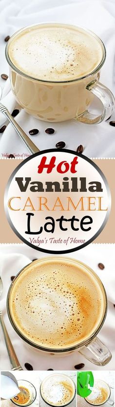 there is a cake with cream on it and the words hot vanilla caramel latte