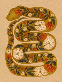 a snake with flowers and leaves on it's back, is shown in gold foil