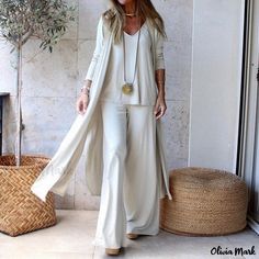 Olivia Mark - Fashionable Casual Loose Fit Three-Piece Set with Suspender Neckline, Straight-Leg Pants, and Long Open Cardigan Long Open Cardigan, Woman In White, Womens Office, Gilet Long, Loose Pants, Looks Chic, Straight Leg Trousers, Womens Loungewear, Outfits Fashion