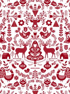 a red and white christmas pattern with deers, trees, birds and flowers on it