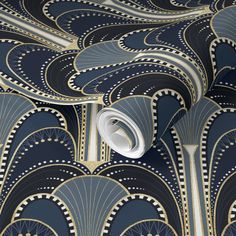 an art deco wallpaper with blue and gold designs